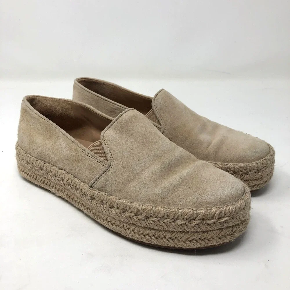 Vince Upton Espadrilles Platform Flats Womens 5 Cappuccino Beige Suede Leather